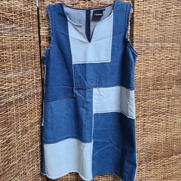Blue Denim Patchwork Dress V Neck Shift Sleeveless Denim Nanette Lepore Large - Picture 1 of 5